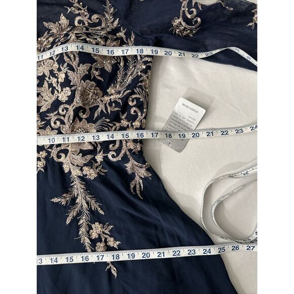 NEW $299 Betsy & Adam [ 12 ] Brooklyn‎ Metallic Embroidered Gown Navy Blue Rose - Picture 4 of 14
